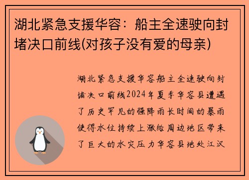 湖北紧急支援华容：船主全速驶向封堵决口前线(对孩子没有爱的母亲)